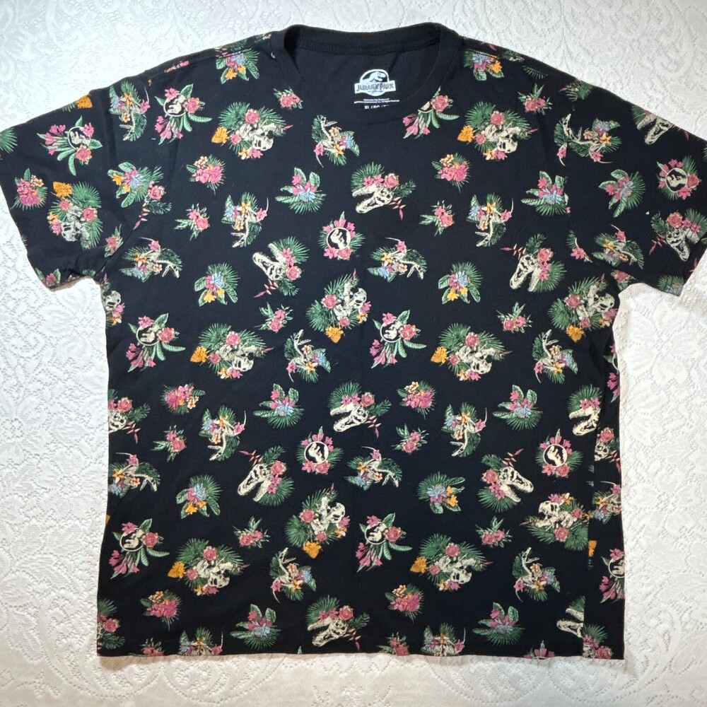 Jurassic Park All Over Floral Dinosaur Skull T-Shirt Black XL Universal Studios